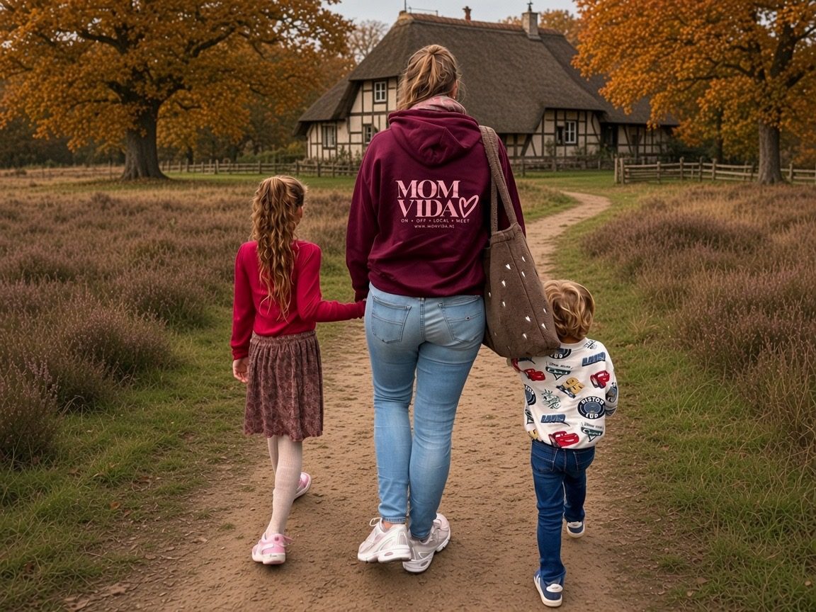 Moeder in MOM VIDA hoodie met twee kinderen op een herfstpad