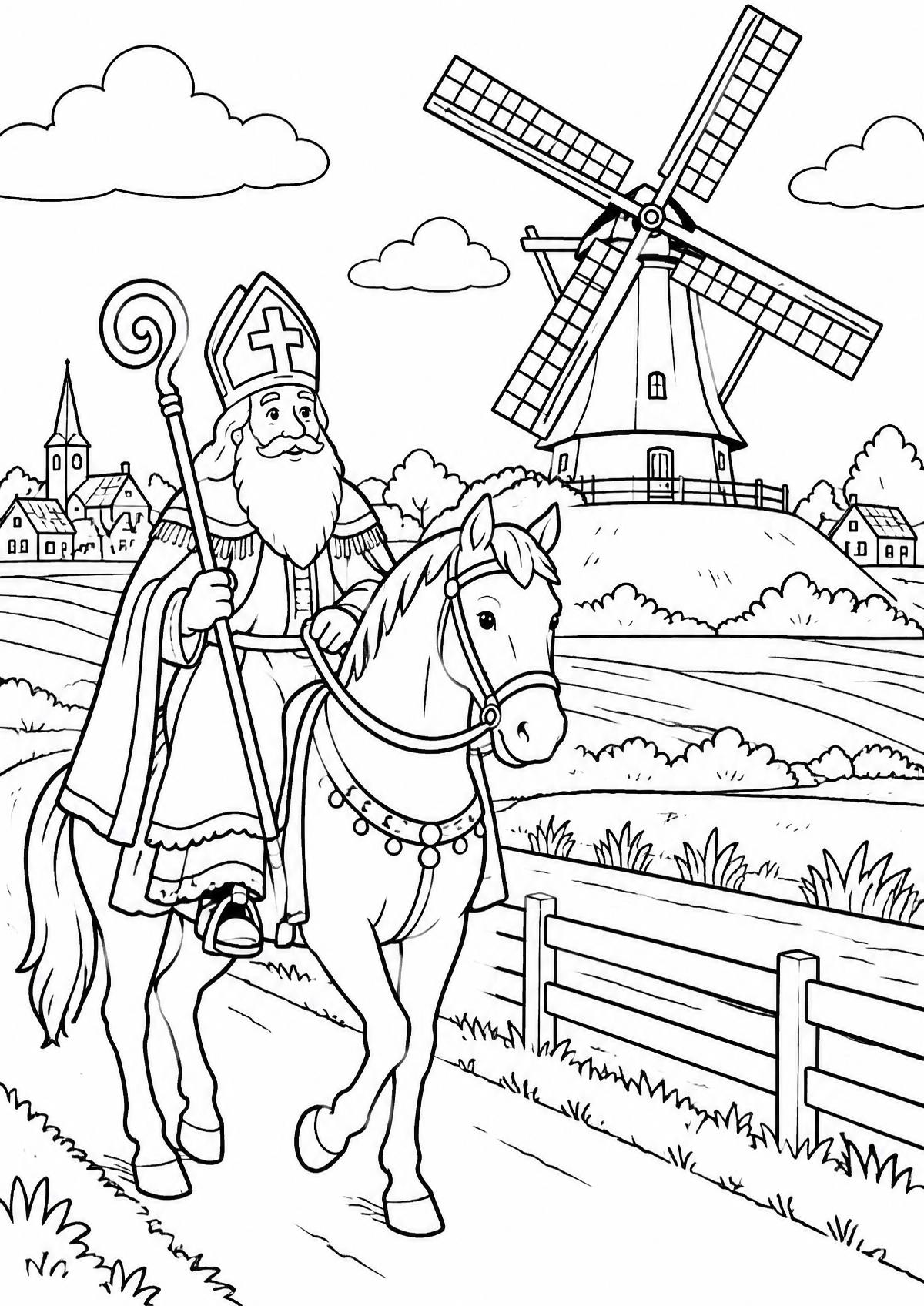 Kleurplaat: Sinterklaas te paard bij de molen