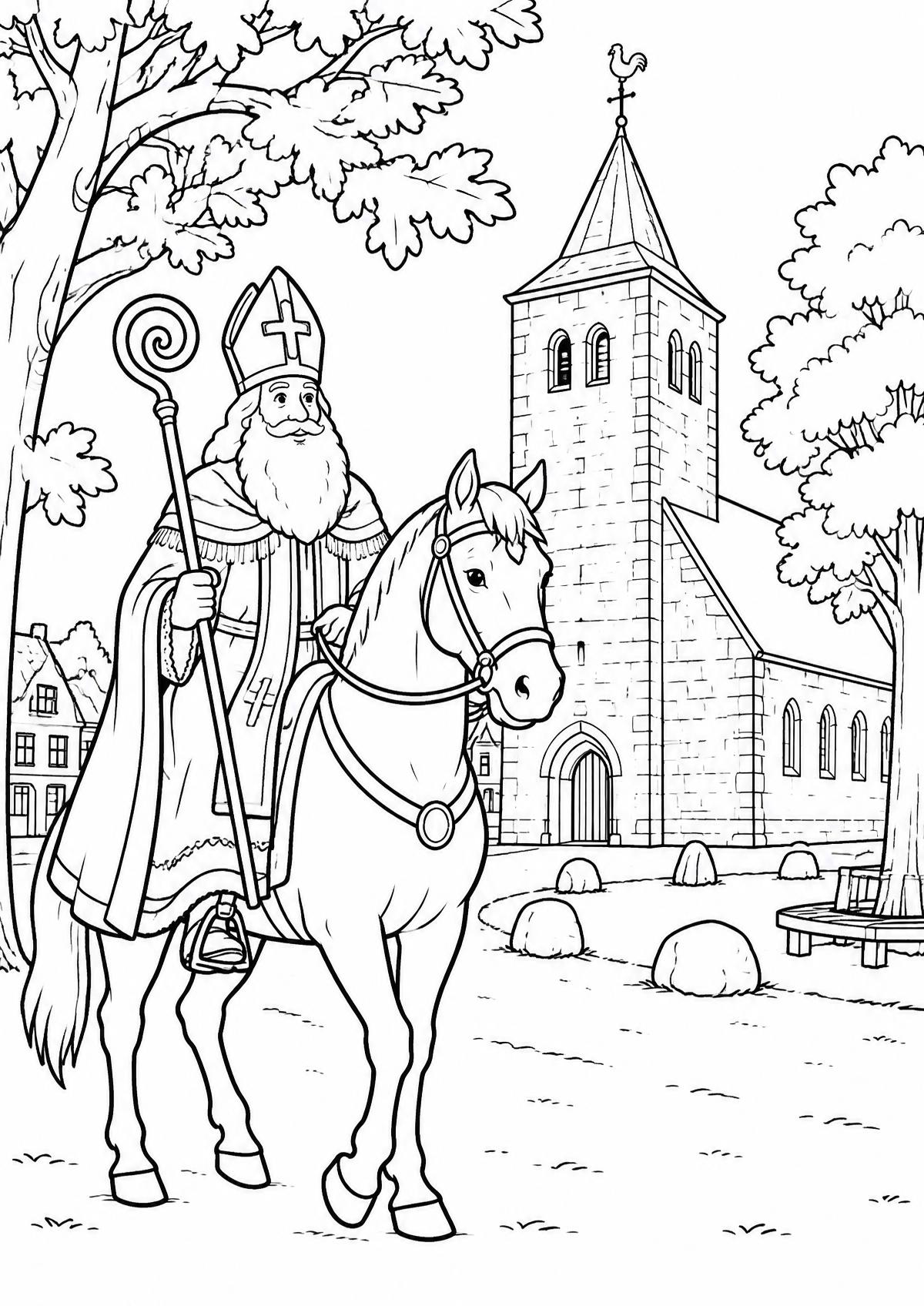 Kleurplaat: Sinterklaas bij de oude dorpskerk